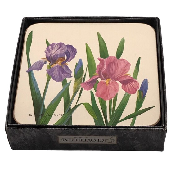 Cloverleaf Coasters Pink Purple Green Floral 6 Vintage Dining Decorative - Picture 2 of 5